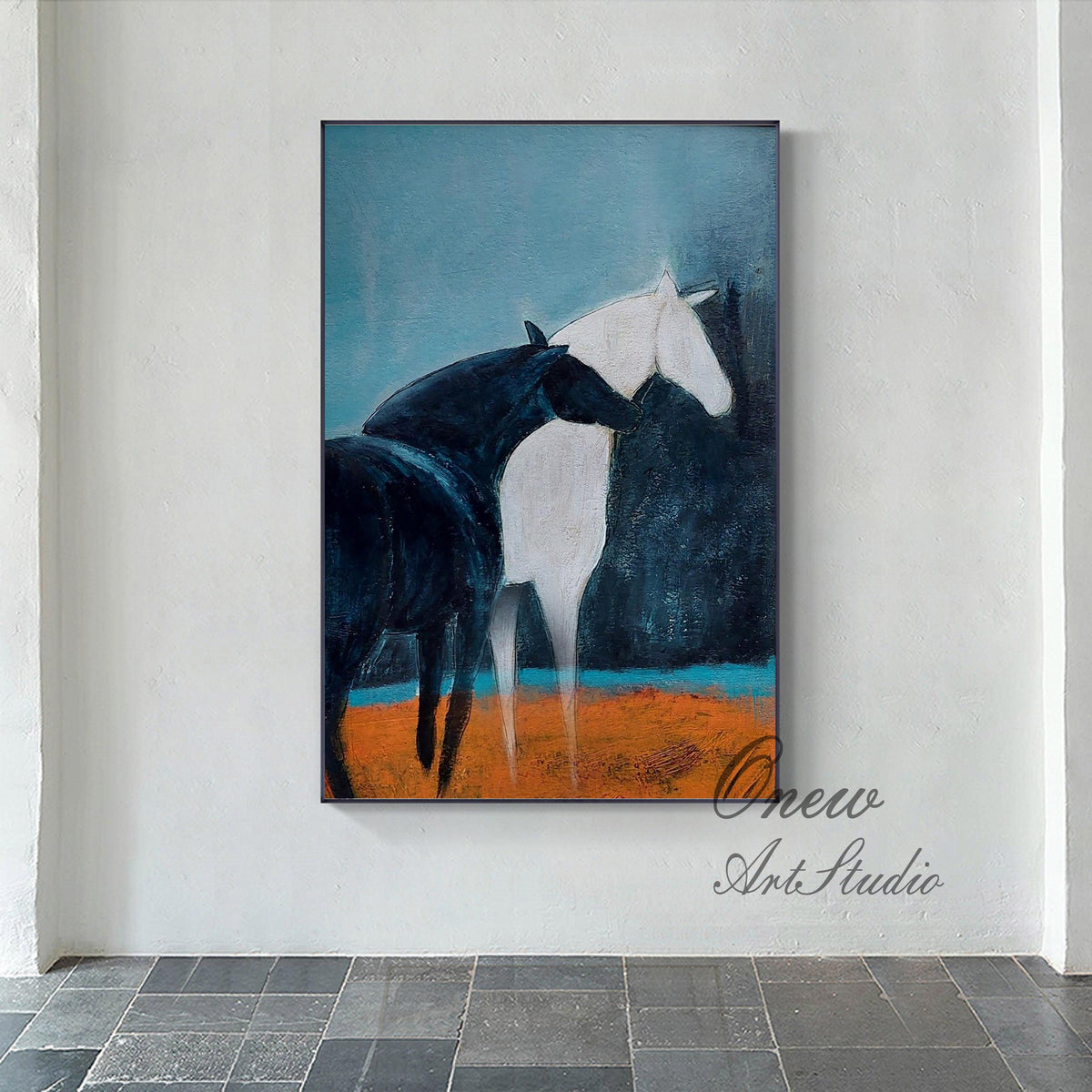 Abstract Black and White Horse Oil Painting on Canvas, Large Original Horses Canvas Wall Art, Modern Animal Wall Art for Living Room Bedroom