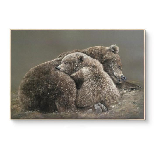 Classical Bear and Cub Oil Painting on Canvas, Hand-painted Grizzly Bear Canvas Wall Art, Modern Animal Wall Art for Living Room, Home Décor