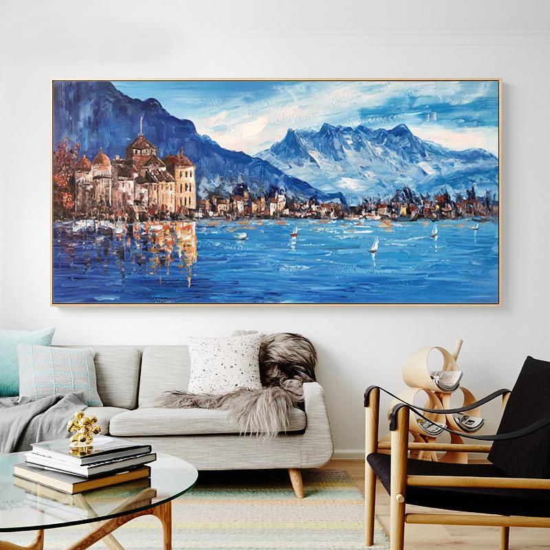 May include: A painting of a town on a lake with mountains in the background. The town is painted in shades of brown and the lake is a bright blue. The mountains are painted in shades of blue and white.