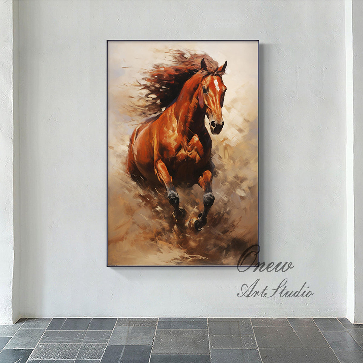 May include: A painting of a brown horse running through a field of brown grass. The horse's mane and tail are flowing in the wind. The painting is done in a realistic style.