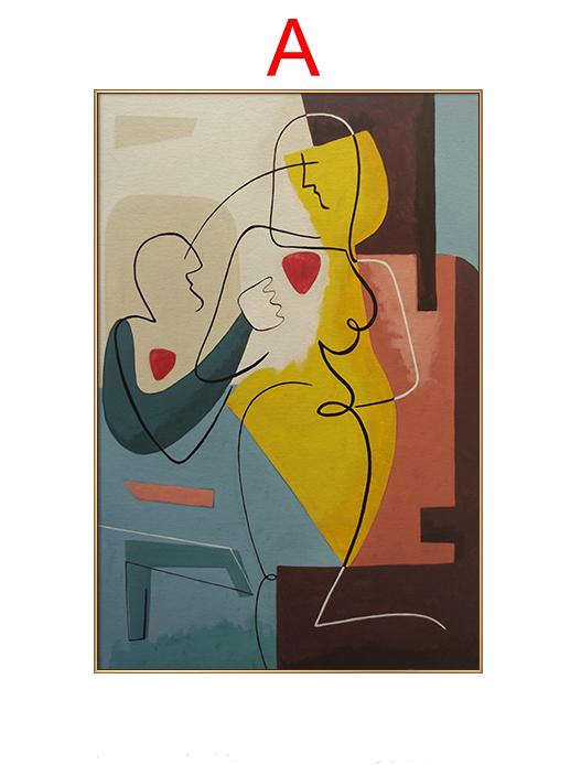 May include: Abstract painting with two figures in a colorful geometric composition. The figures are outlined in black and have red hearts. The background is a mix of yellow, blue, brown, and pink.