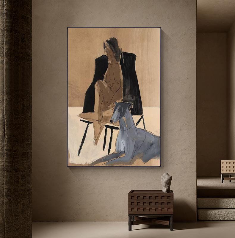May include: A painting of a woman sitting on a chair with a greyhound dog beside her. The woman is wearing a black jacket and the dog is sitting on a wooden stool. The background is a light brown color.