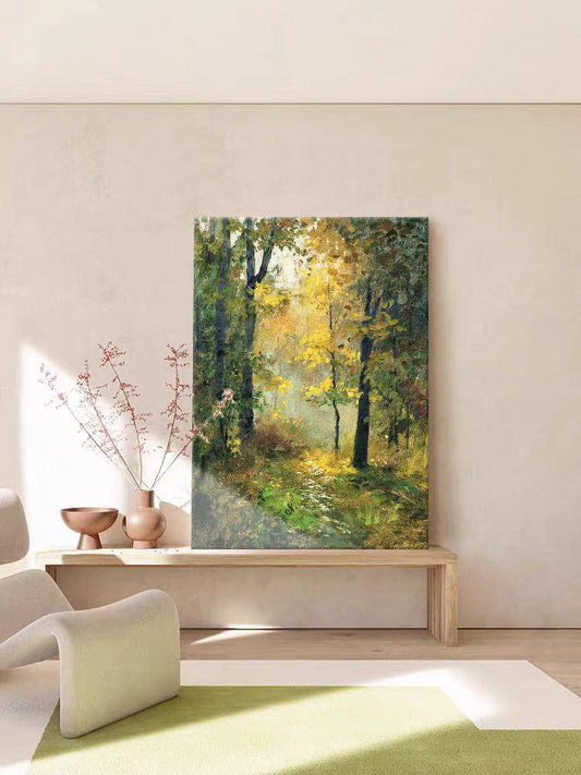 May include: A painting of a forest path with trees on either side. The path is lined with green grass and the trees are a mix of green and yellow leaves. The sun is shining through the trees, creating a warm glow.