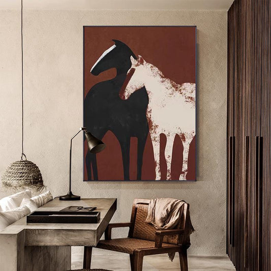 May include: Abstract painting of two horses, one black and one white, against a red background. The horses are stylized and appear to be standing close together.