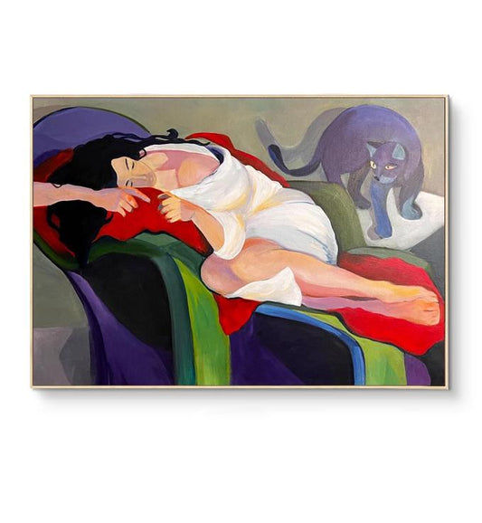 Abstract Lady and Cat Canvas Art, Hand-painted Woman Figure Oil Painting on Canvas, Modern Minimalist Wall Art for Living Room, Home Décor