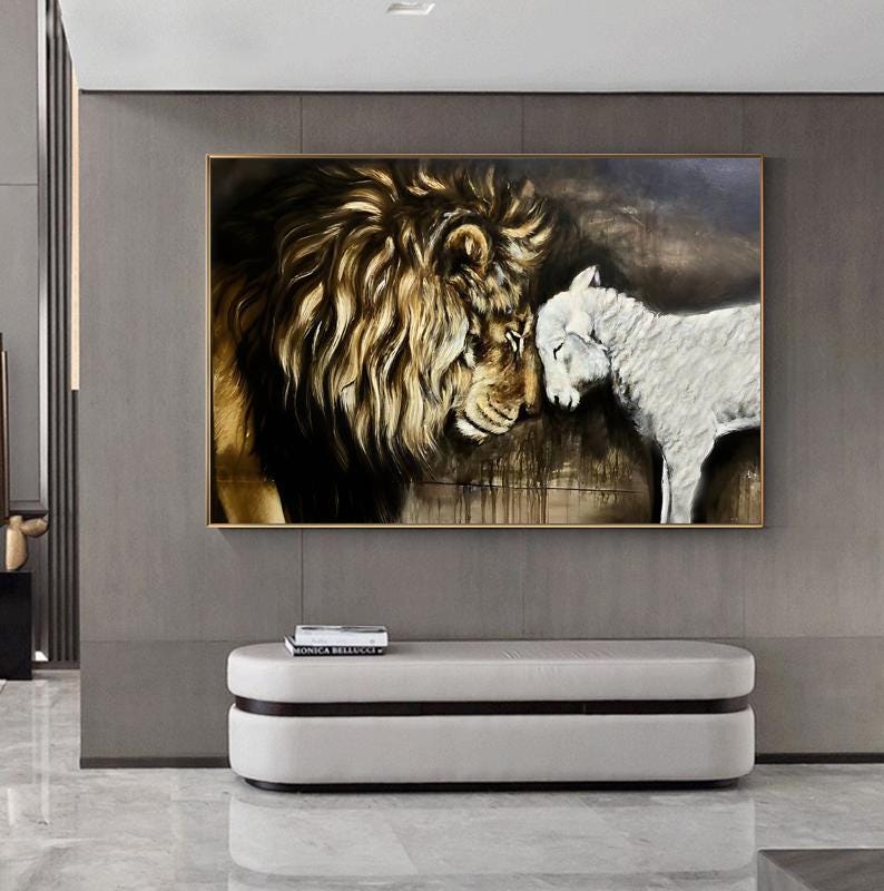 Lion and Lamb Canvas Wall Art, Impressionist Lion and Lamb Oil Painting on Canvas, Christian Wall Art,Modern Animal Painting for Living Room