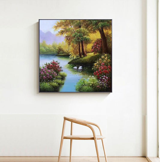 Classical Landscape Oil Painting on Canvas, Original Forest and Stream Canvas Wall Art, Large Modern Trees and River Artwork for Living Room