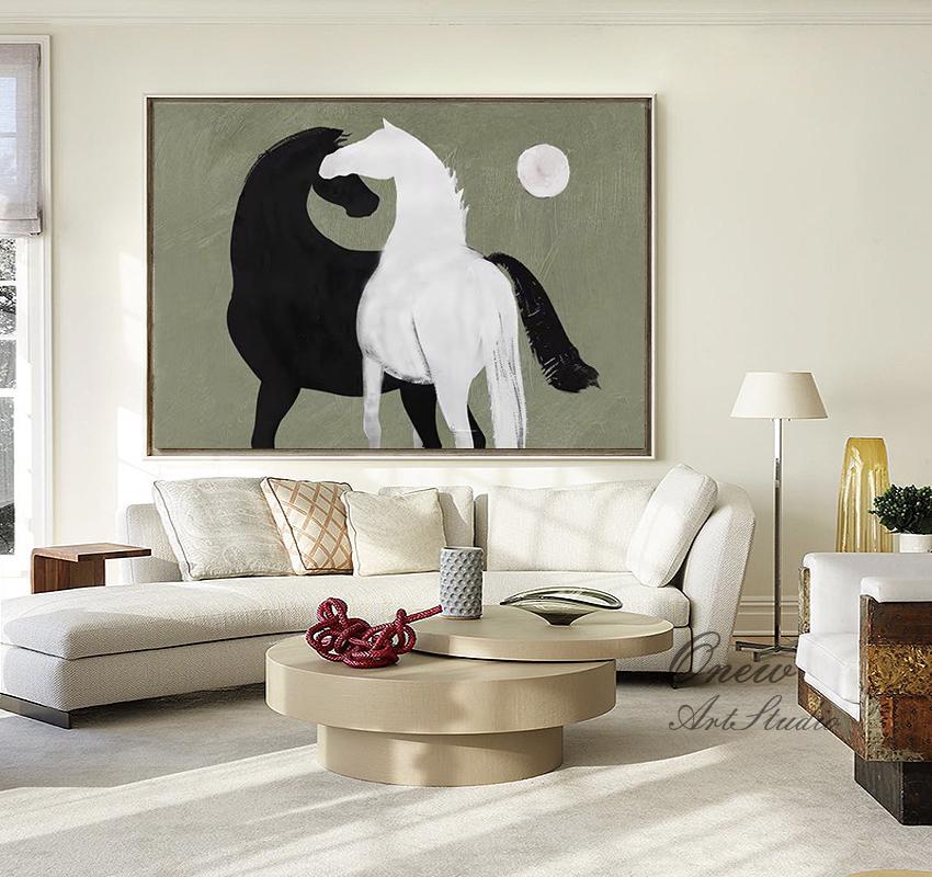 Abstract Black and White Horses oil painting on Canvas, Large Original Horse Canvas Art, Modern Animal Painting for Living Room, Home Décor