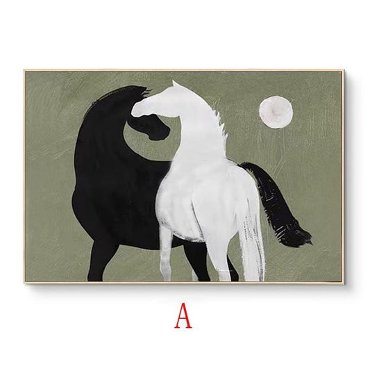 Abstract Black and White Horses oil painting on Canvas, Large Original Horse Canvas Art, Modern Animal Painting for Living Room, Home Décor