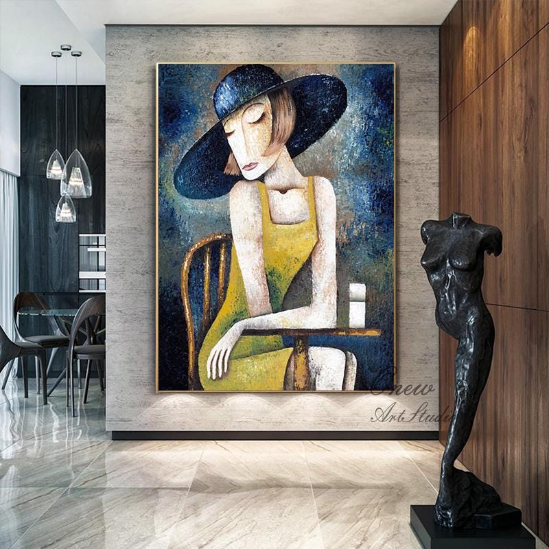 Large Abstract Woman Canvas Wall Art, Hand-painted Lady Oil Painting on Canvas, Modern Textured Figure Wall Art for Living Room, Home Décor