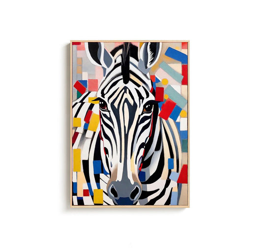 May include: A framed art print featuring a stylized zebra portrait. The zebra has black and white stripes, with a gray nose and brown eyes. The background is a colorful mosaic of red, blue, yellow, and white shapes. The frame is a light wood color.