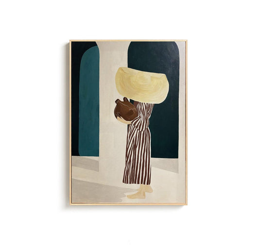 May include: Abstract art print featuring a figure in a striped dress carrying a large, light-yellow hat and a brown jug. The background includes teal and dark blue archways and a neutral color palette, framed in a light wood.