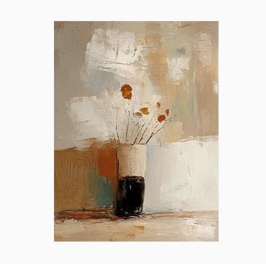 May include: Abstract painting of a vase with flowers. The vase is white and black, holding several stems with orange and yellow flowers. The background features neutral tones of beige, white, and brown, with visible brushstrokes.