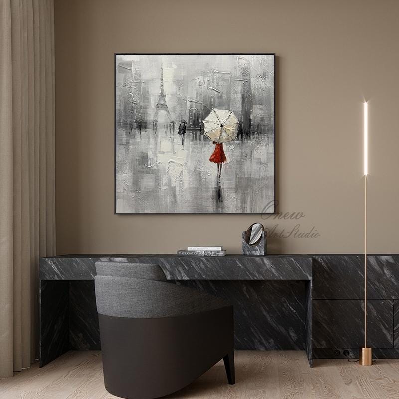 Abstract Paris Cityscape Canvas Wall Art, Original Eiffel Tower Oil Painting on Canvas, Modern Urban painting for Living Room, Home Décor