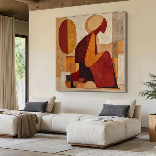 Abstract Woman Figure Painting, Geometric Earth Tone Canvas Art, Bohemian Living Room Decor – Terracotta and Red Figurative F