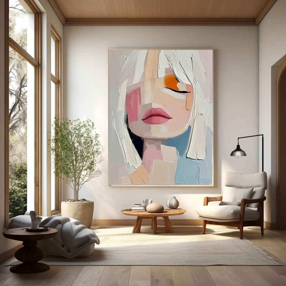 May include: Abstract portrait painting with a woman's face, featuring a palette of soft colors. The artwork showcases a modern style with bold brushstrokes and geometric shapes. The woman's face is depicted with closed eyes and a neutral expression.