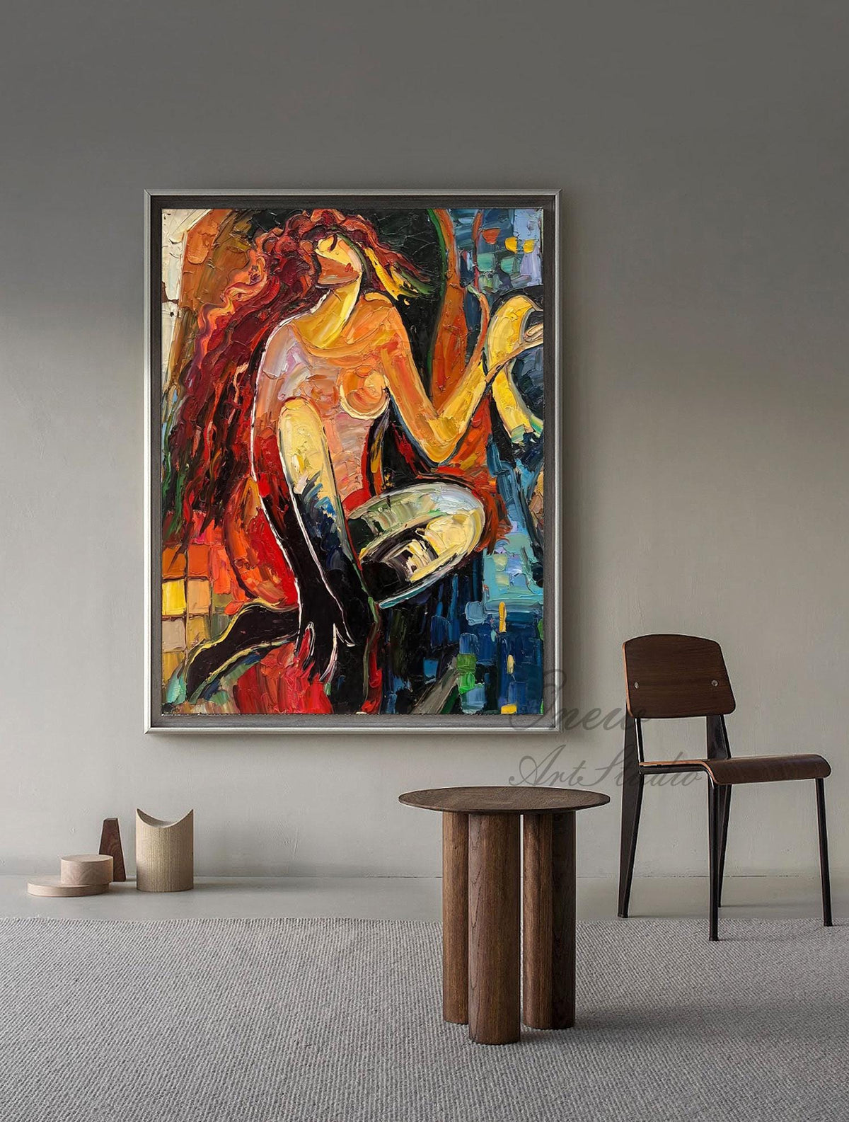 Large Abstract Lady and Violin Canvas Wall Art, Hand-painted Woman Figure Oil Painting on Canvas, Modern Textured Wall Art for Living Room
