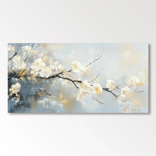 May include: An oil painting of a flowering branch with white blossoms against a soft, blended background of blues, grays, and yellows. The artwork has a serene and natural aesthetic, suitable for home decor.