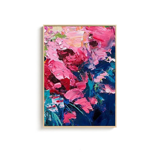May include: Abstract floral painting in a gold frame. The artwork features bold brushstrokes of pink, red, and blue hues, creating a textured and vibrant composition. The painting's style is reminiscent of impressionism, with visible paint texture.