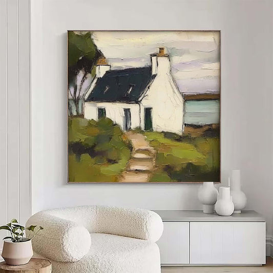 May include: An oil painting on canvas depicting a white cottage with a dark roof and a chimney, situated in a landscape with green fields and a path leading to the entrance. The artwork features visible brushstrokes and a muted color palette.