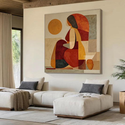 Abstract Woman Oil Painting, Geometric Figure, Earth Tone Wall Art, Square Canvas Boho Decor – Terracotta and Orange Figurati