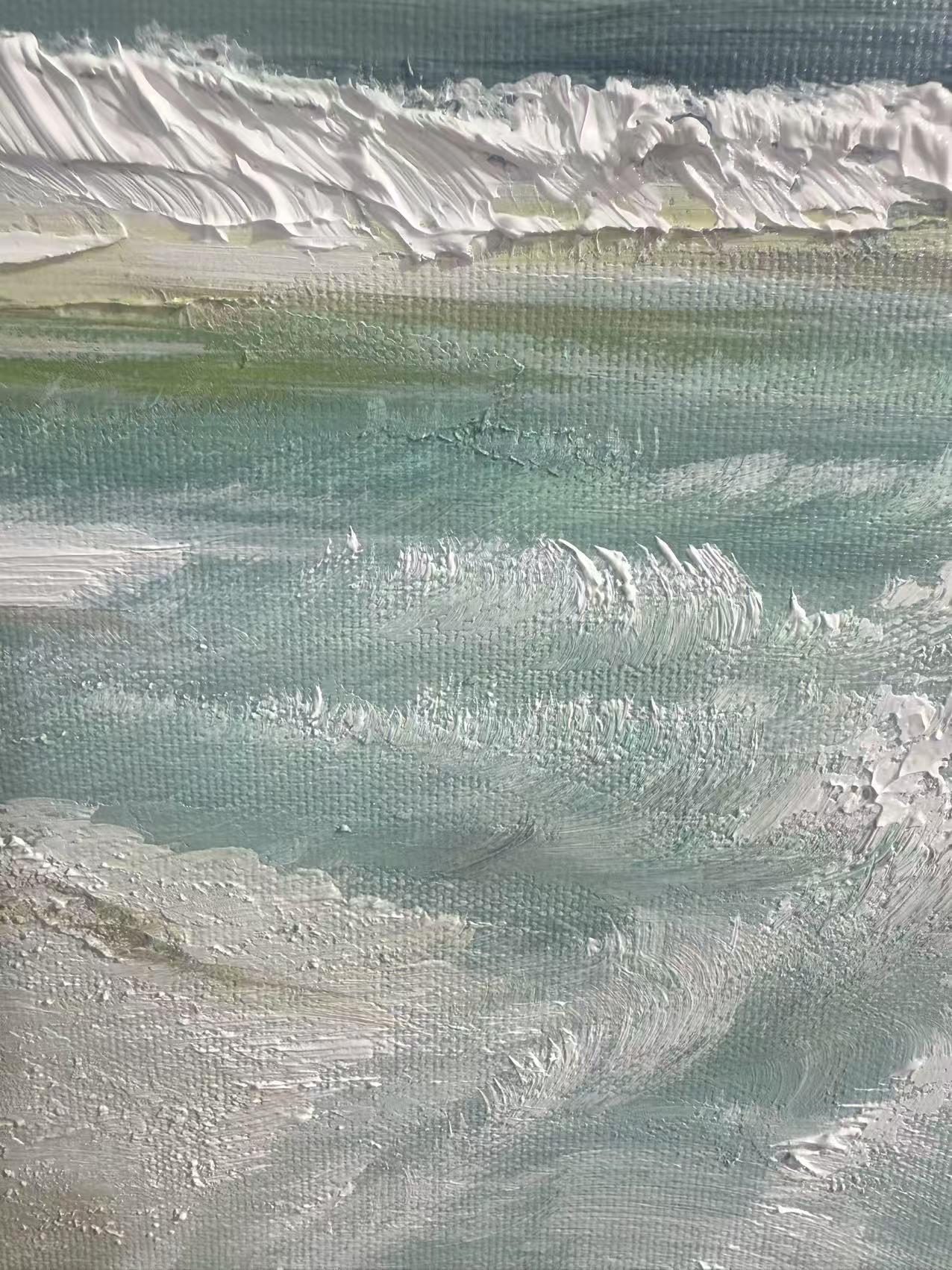 Blue and White Abstract Beach Seascape Wall Art – Sandy Beach Oil Painting