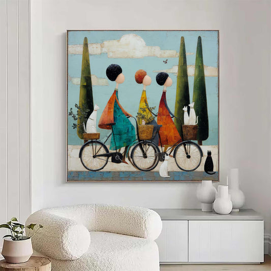 Three Women Riding Bicycles With Their Pets Pastoral Blue Sky Landscape Painting Vintage Style Wall Art Retro Wall Painting