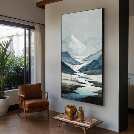 Textured Mountain Landscape Painting, Abstract Blue Grey Impasto Canvas Art – Blue and Grey River Landscape Wall Art | Minima