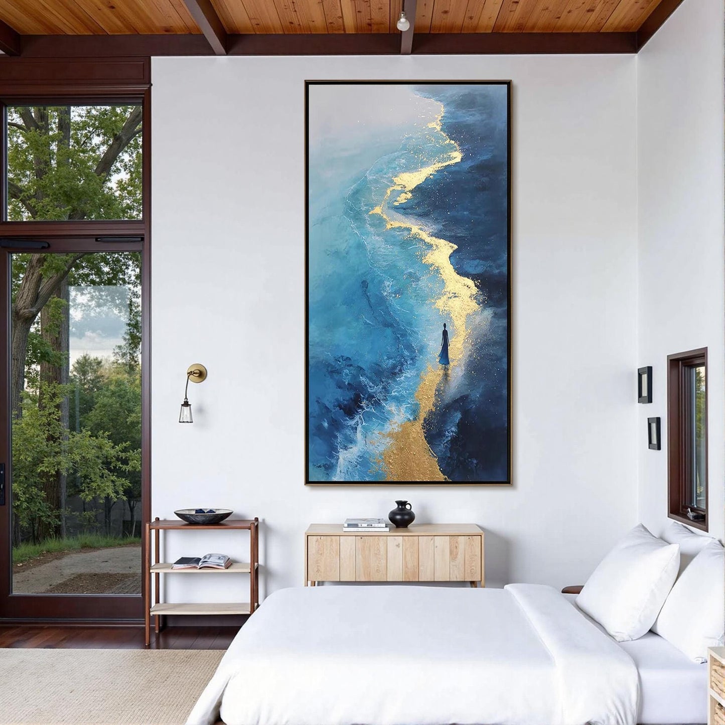 Blue and Gold Abstract Textured Beach Seascape Wall Art – Blue and Gold