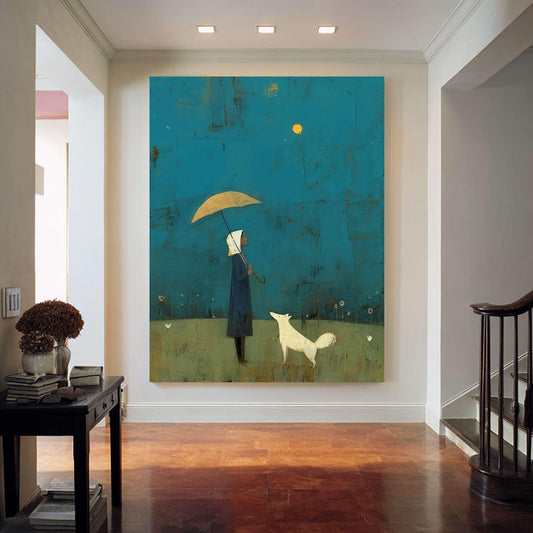 Girl and White Dog Art Under Yellow Umbrella | Hand-painted Abstract Wall Art | Minimalist Blue Landscape Painting | Modern Storybook Decor