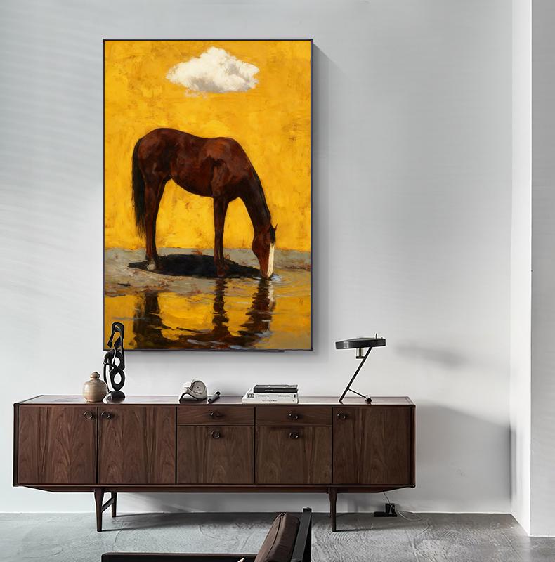 Impressionist Horse Oil Painting on Canvas, Original Chestnut Horse at Water's Edge Canvas Wall Art, Modern Animal Wall Art for Living Room