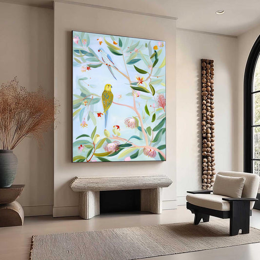 Abstract Bird Painting on Canvas, Whimsical Parakeet Wall Art, Original Botanical Decor, Pastel Blue and Yellow Art for Nurse