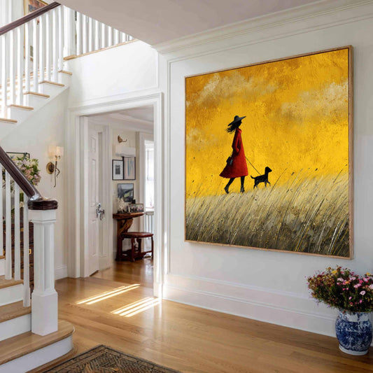 Girl and Dog Oil Painting, Teal Sky Meadow Landscape, Impressionist Art