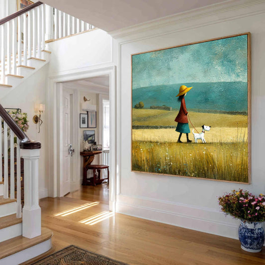 Girl With Puppy Painting, Rustic Meadow Landscape, Nursery Wall Art