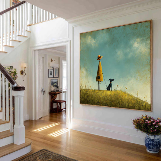 Girl and Dog Oil Painting, Whimsical Landscape Art, Turquoise Sky