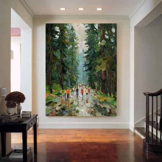 May include: A large rectangular oil painting featuring a forest path filled with people walking among tall, dark green pine trees. The artwork uses thick, textured brushstrokes in shades of forest green, brown, and bright pops of color for clothing.