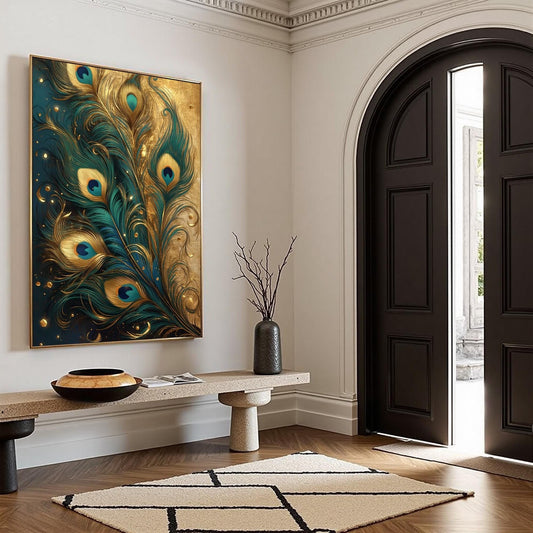 Peacock Feather Painting, Gold Teal Metallic Wall Art, Luxe Boho Decor – Teal and Gold Bird Animal Wall Art | Boho Painting,