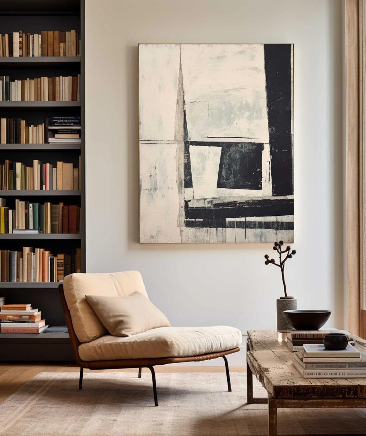 Black and White Abstract Oil painting, Original Neutral Geometric Canvas Wall Art, Modern Minimalist Wall Art for Living Room, Home Décor