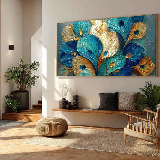 Teal Gold Peacock Feather – Teal and Gold Bird Animal Wall Art | Impasto Painting, view 2