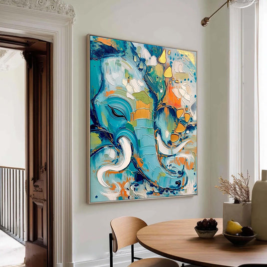 Abstract Elephant Oil Painting – Turquoise and Orange Elephant Animal Wall Art | Boho Hand-Painted Oil Painting, view 2