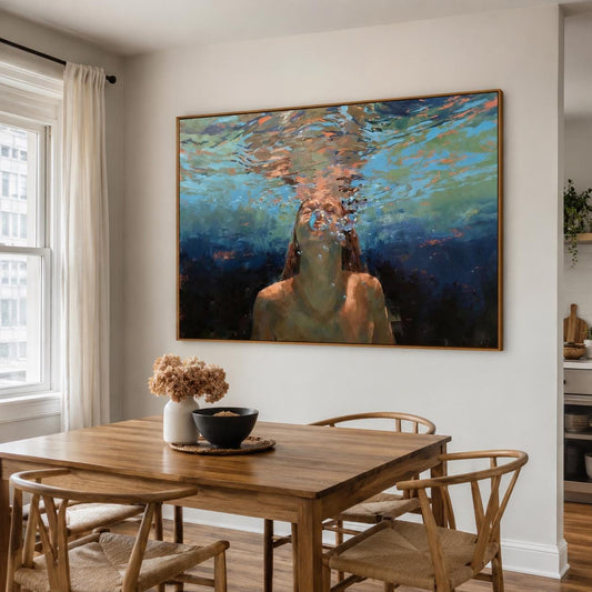 Diving Woman Wall Art Blue Green Ocean Canvas Painting for Living Room Coastal Decor
