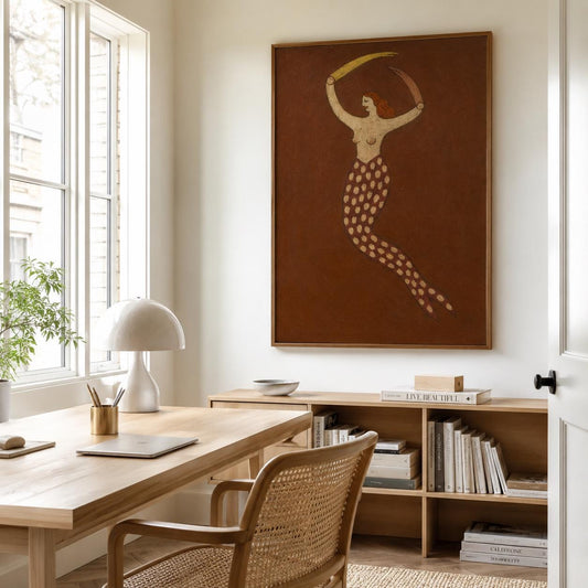 Brown Mermaid Wall Art Vintage Folk Figure Canvas Painting for Bohemian Bedroom Decor