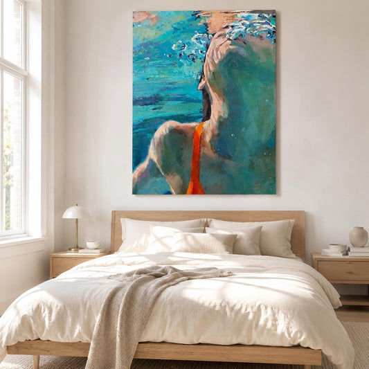 Underwater Swimmer Wall Art Blue Green Figure Canvas Painting for Bathroom Decor