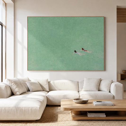 Swimmer Wall Art Green Ocean Minimalist Canvas Painting for Bathroom Decor