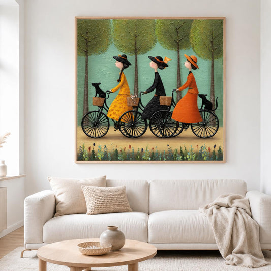 Bicycle Wall Art Vintage Folk Women With Pets Canvas Painting for Entryway Decor