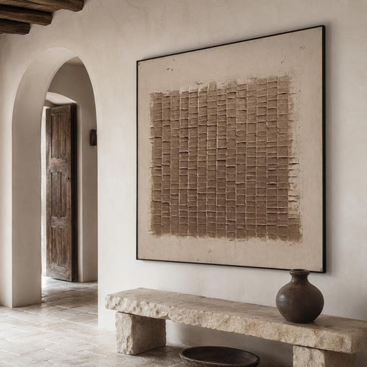 Wabi Sabi Wall Art Brown Beige Plaster Texture Canvas Painting for Living Room Decor
