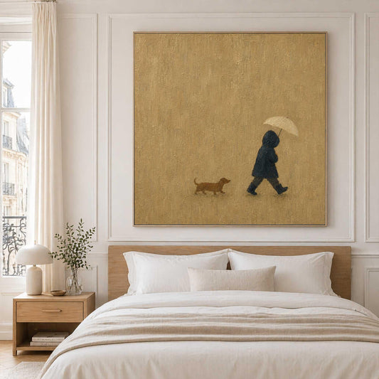Hooded Figure Dog Wall Art Beige Rainy Day Canvas Painting for Living Room Decor