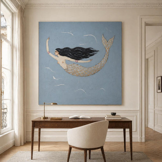 Single Mermaid Wall Art Blue Gold Folk Canvas Painting for Living Room Coastal Decor