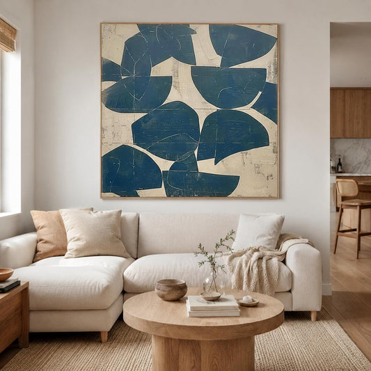 Blue Abstract Wall Art Beige Wabi Sabi Canvas Painting for Living Room Modern Decor