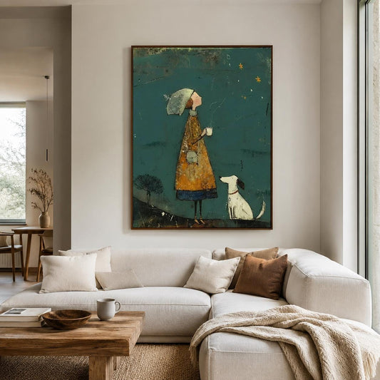 Girl and Dog Wall Art Teal Folk Canvas Painting for Living Room Whimsical Decor